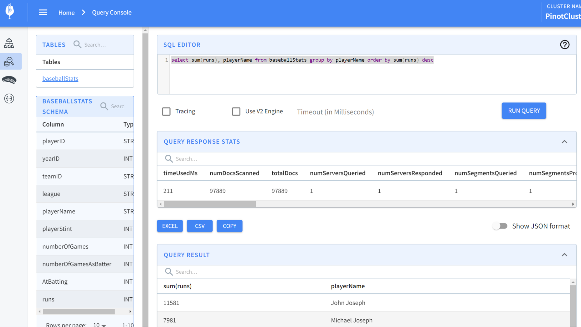 Apache Pinot query console