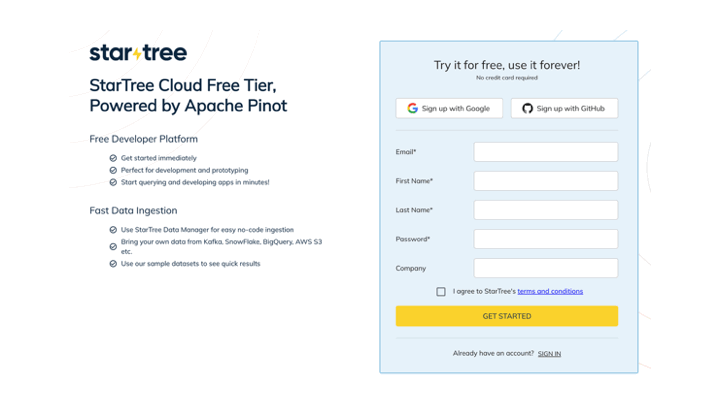 Users can sign up for StarTree Cloud Free Tier and get their own serverless environment in seconds