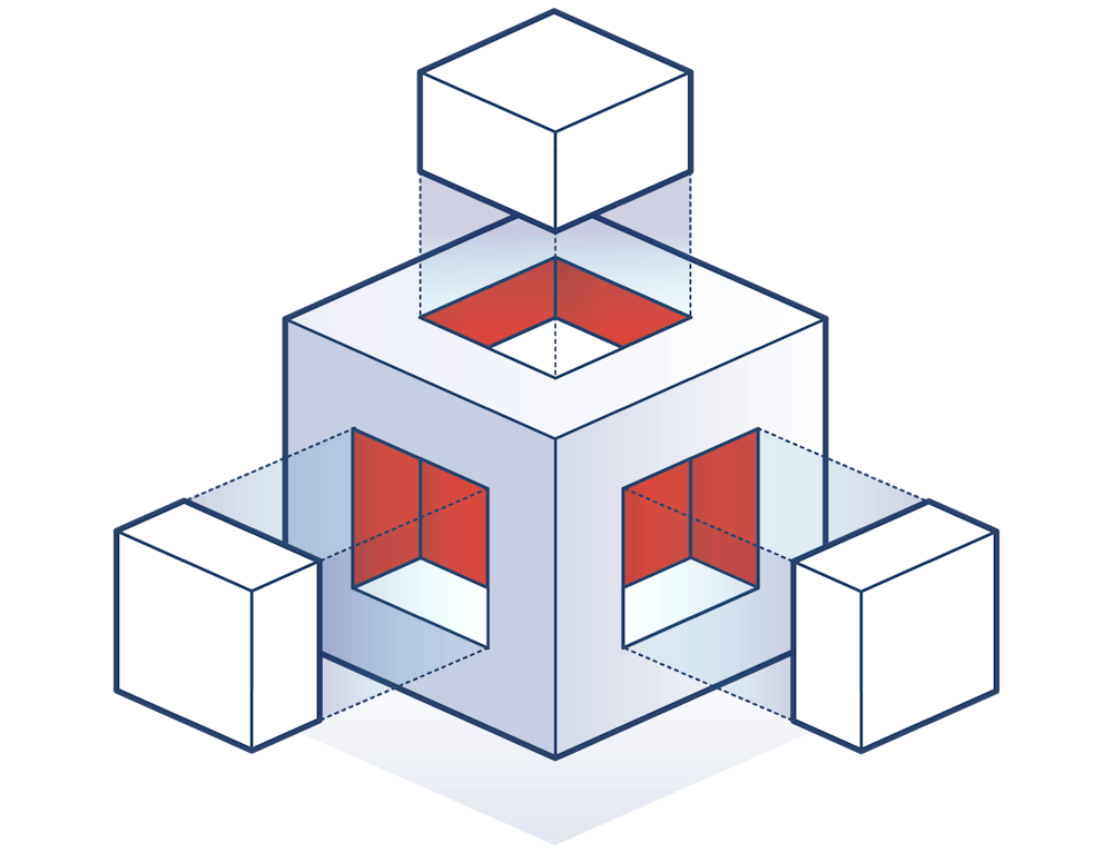 An illustration showing a white cube composed by smaller cubes in tetris style