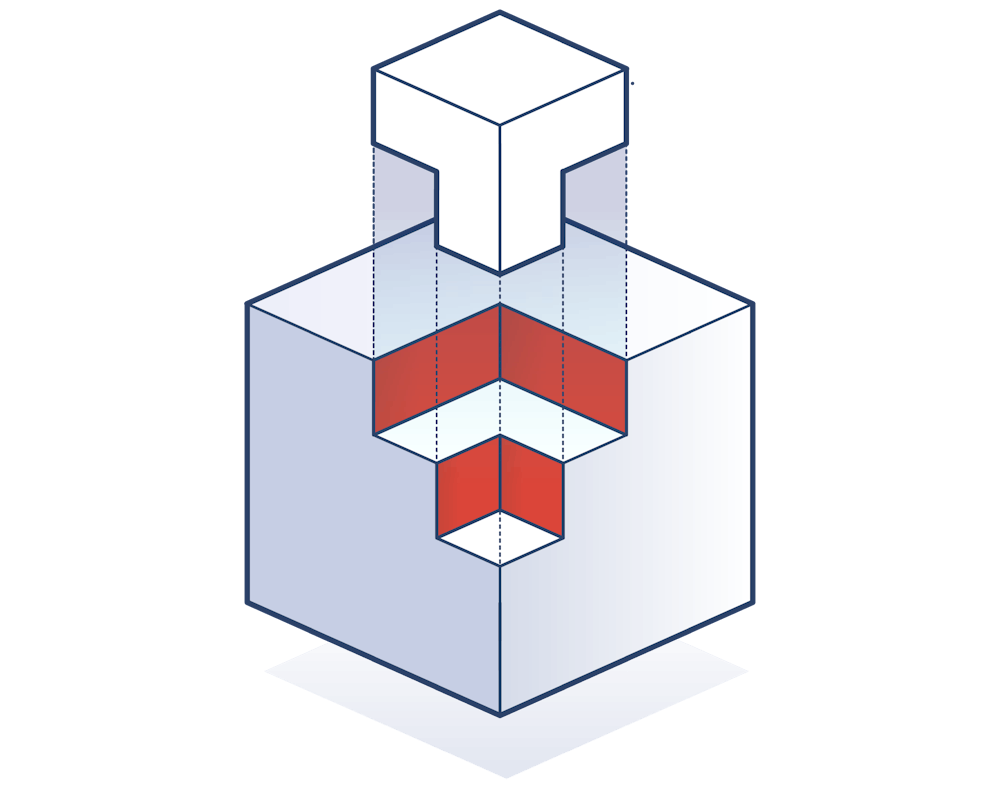 An illustration showing a white cube composed by smaller cubes in tetris style