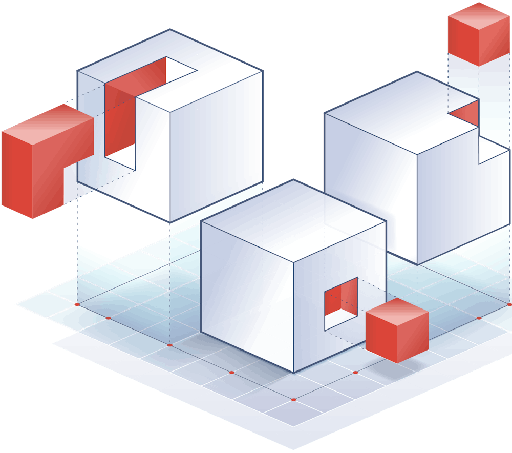 An illustration showing 3 white cubes composed by smaller cubes in tetris style