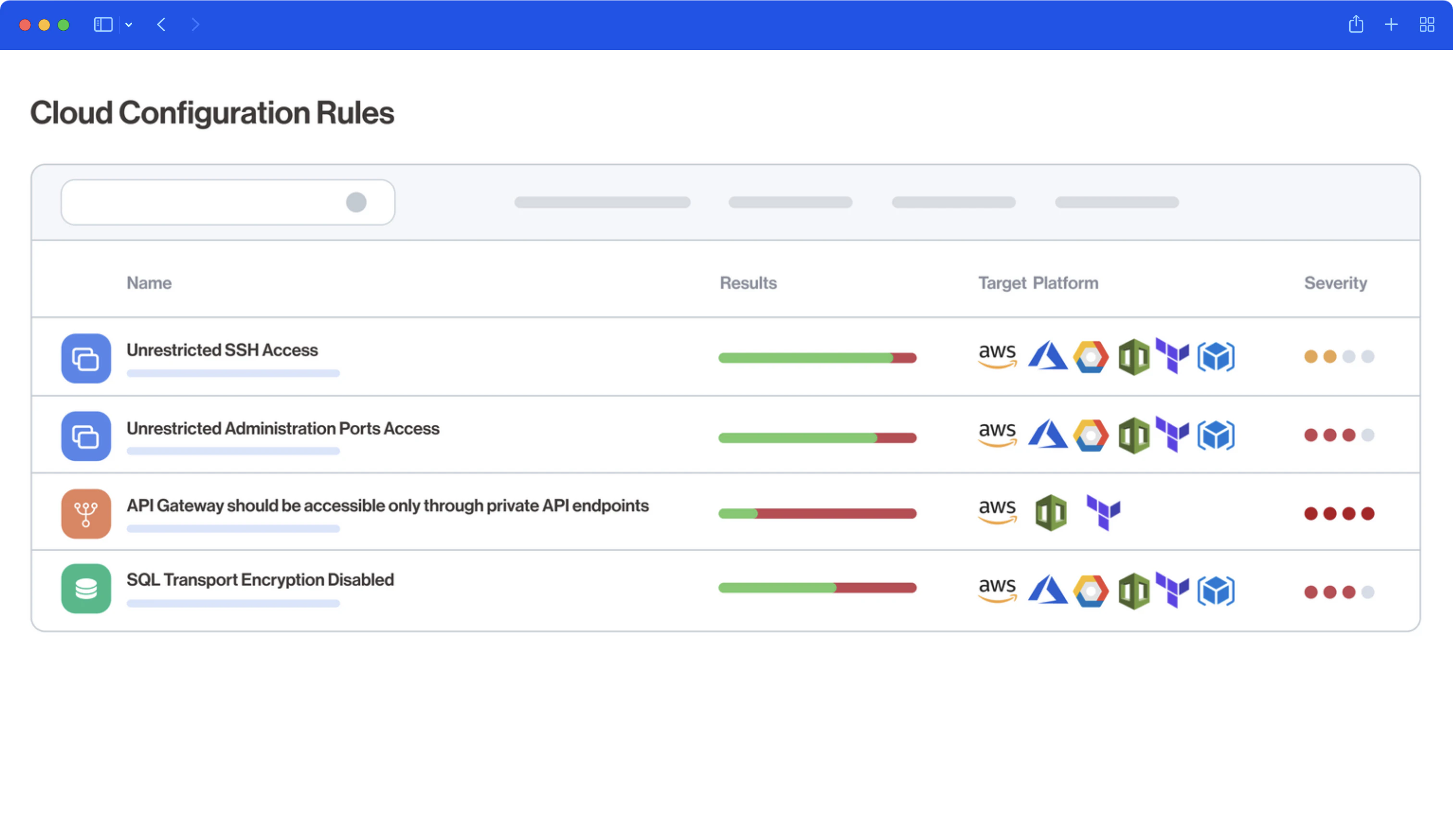 Reglas de configuración de la nube interface screenshot