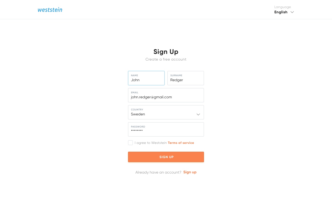 Weststein Sign Up UI