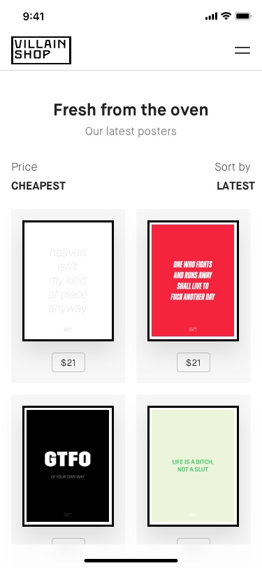 Villain Shop App UI