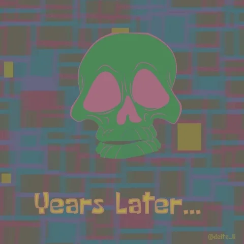 animated skull with a years later caption in yellow font