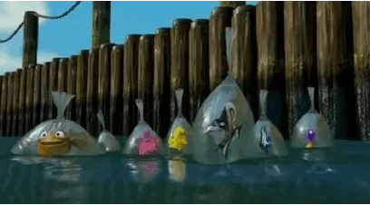 animated gif from the movie Finding Nemo of fish is bags floating in the open sea with the caption 'Now what?'
