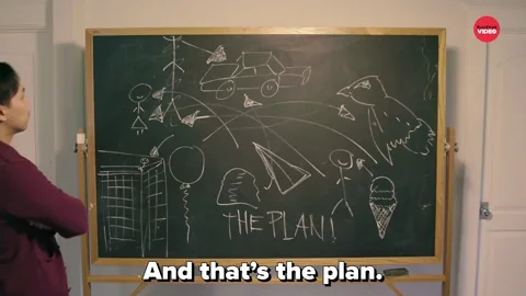 animated gif of a min in front of a chalkboard with various items written on it with the caption "And thats the plan"