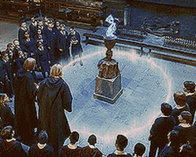 animated gif from harry potter of a set of twins jumping over the protective barrier around the goblet of fire