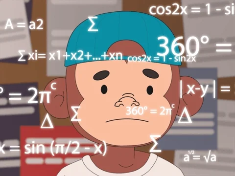 a cartoon monkey in a hat with a blank look with math equations floating all around their face
