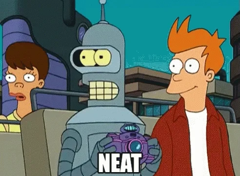 animated gif of a cartoon robot taking a photo with a camera with the caption "neat"