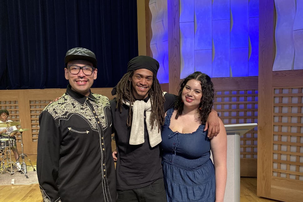Alejandro Rodriguez, Assistant Director of Arts Programming, with Miraku Da Jali and Elle Prado, inaugural Youth Arts Council (YAC) members.
