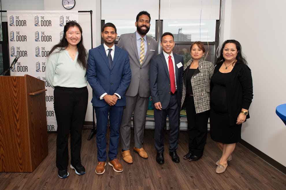 Bronx Borough Director from the Mayor’s Office Community Affairs Unit Leonardo Coello, Bronx Regional Representative from the New York State Executive Chamber Fidel Malena, and CEO Kelsey Louie with community supporters.