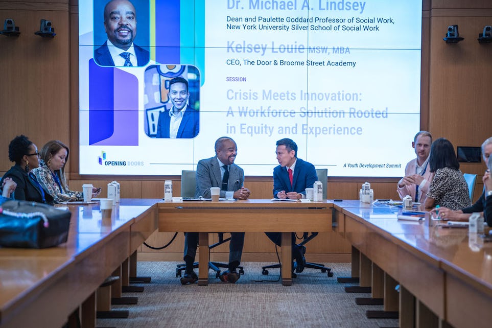 Breakout session Crisis Meets Innovation: A Workforce Solution Rooted in Equity and Experience , facilitated by Dr. Michael A. Lindsey , Dean, Silver School of Social Work, New York University, and Kelsey Louie , Chief Executive Officer, The Door and Broome Street Academy.