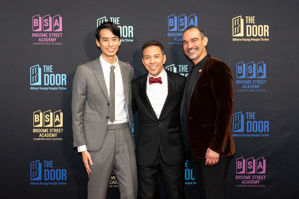 Founder's Award Honoree, Mao-Lin on the behalf of Pinterest, with Kelsey Louie, CEO of The Door and Broome Street Academy, and Change Maker Award Honoree, Javier Muñoz