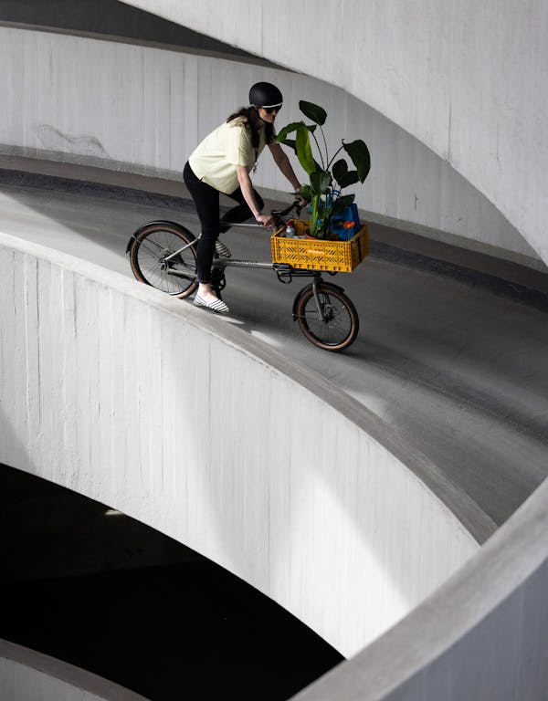 woman carrying plants on a cargo bike
