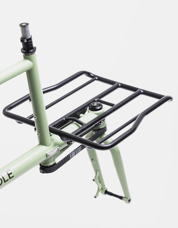 Detail view of cargo bike equipped with belt steering