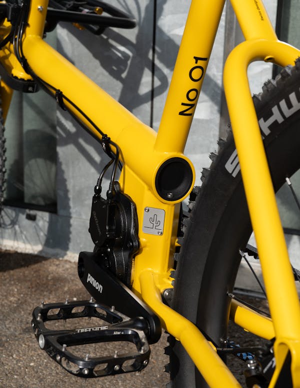 Close-up of the Pinion drivetrain, OneUp Aluminum Pedals, and custom Desertus Bikus plate.
