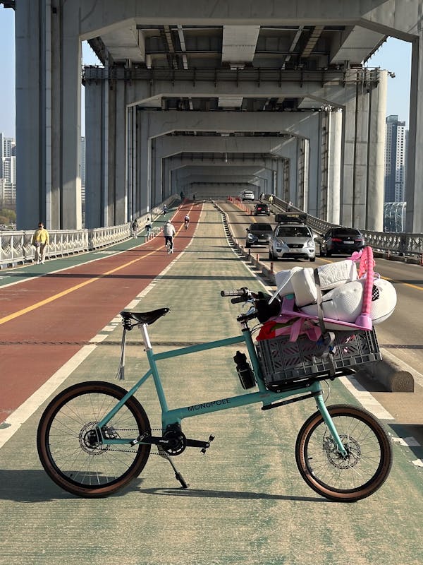 Custom blue MONoPOLE cargo e-bike, featuring the front Platform rack, grey crate, and belt drive steering, parked on a bike lane.