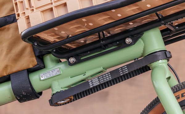 Close-up of the MONoPOLE cargo bike belt steering drive.