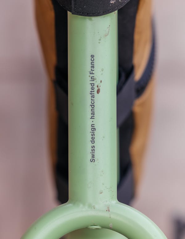 Detail shot of decal featuring MONoPOLE’s tagline: Swiss design – handcrafted in France..