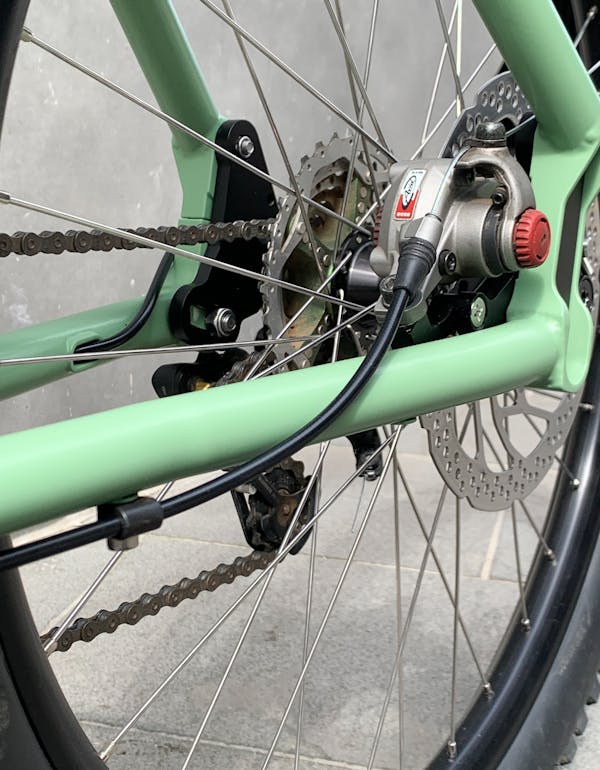 Close-up of the bike’s rear wheel.