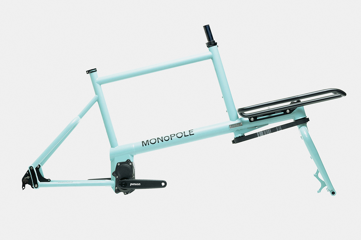 Side view of a MONoPOLE blue frameset with Pinion and Platform rack