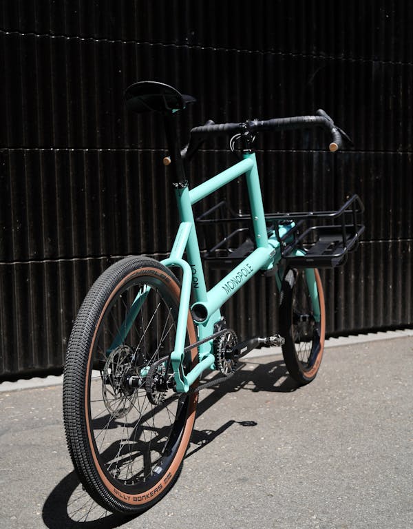 Rear view of MONoPOLE No O1 drop bar blue cargo bike with Pinion gearbox