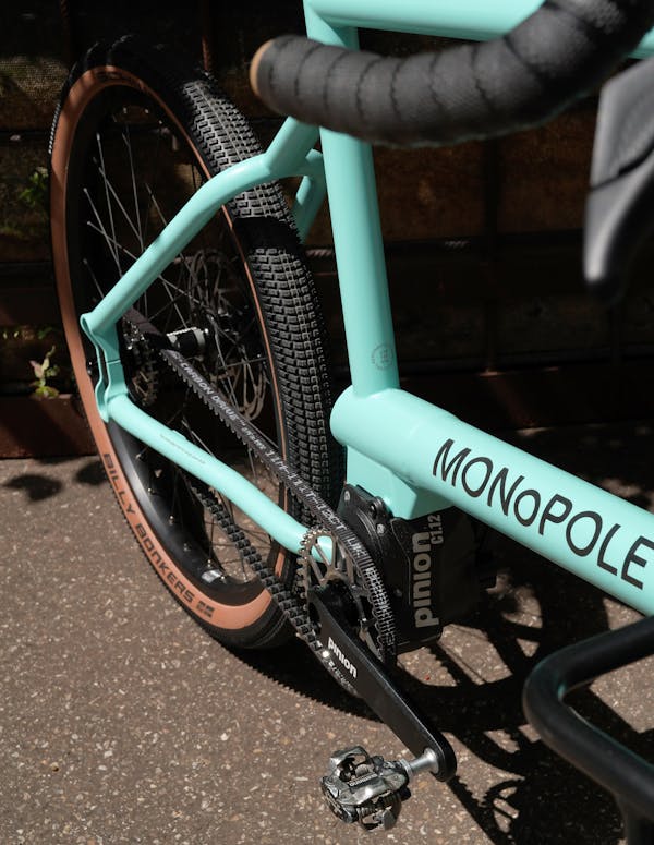 Close-up of MONoPOLE No O1 blue cargo bike with Pinion gearbox