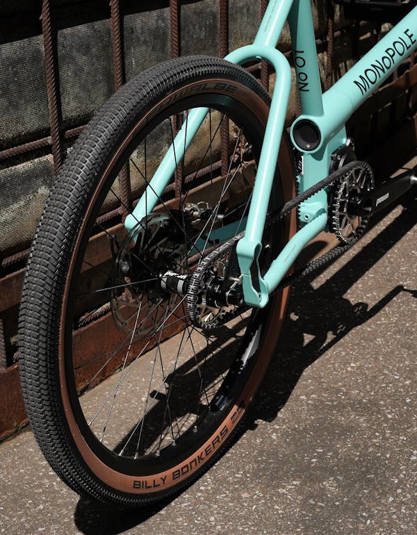 Close-up of MONoPOLE No O1 blue cargo bike with Pinion gearbox