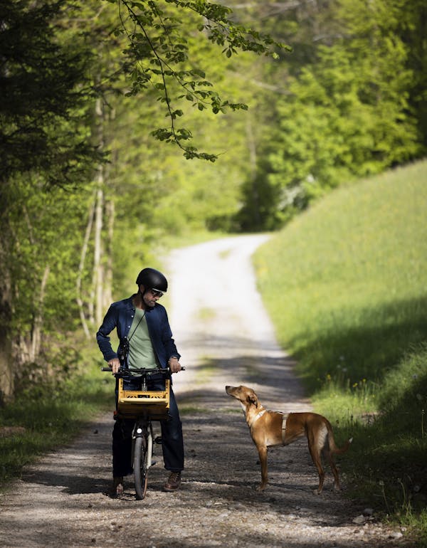 man on cargo bike and dog