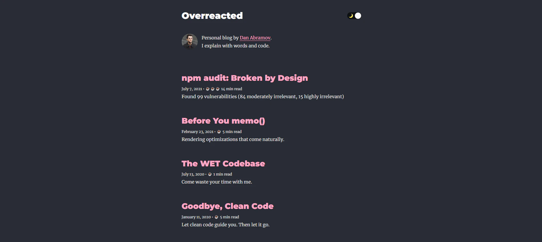 overreacted is an examole of a gatsby website
