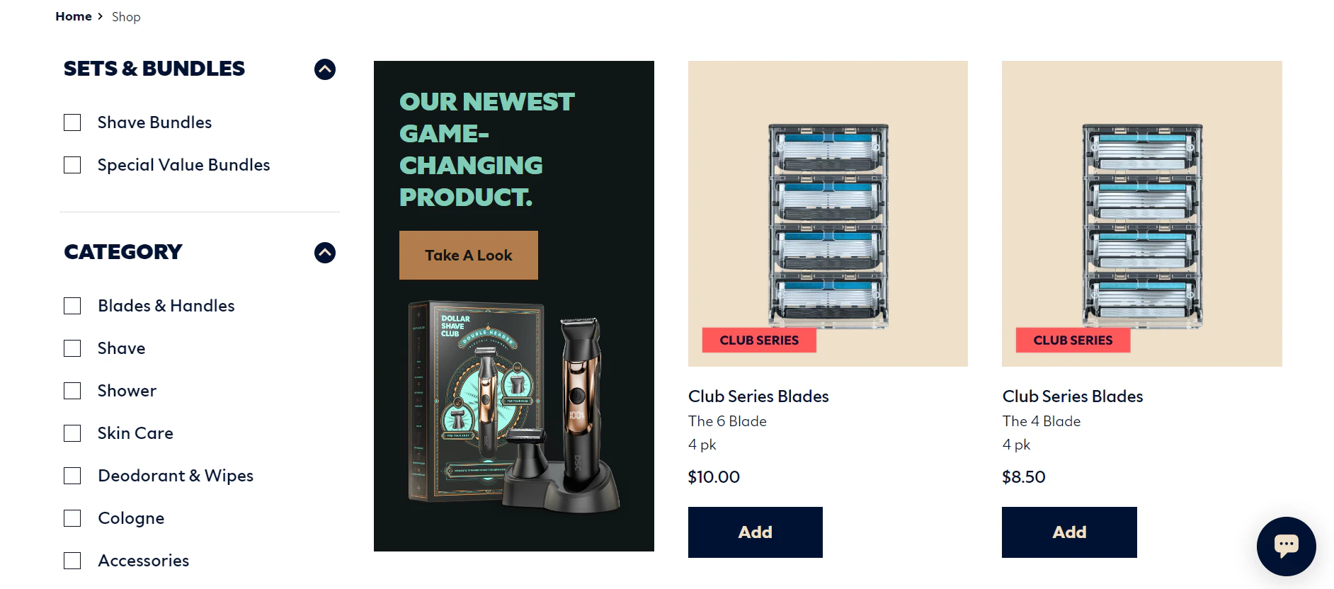 Dollar Shave Club's products are well arranged and use a clean Shopify theme