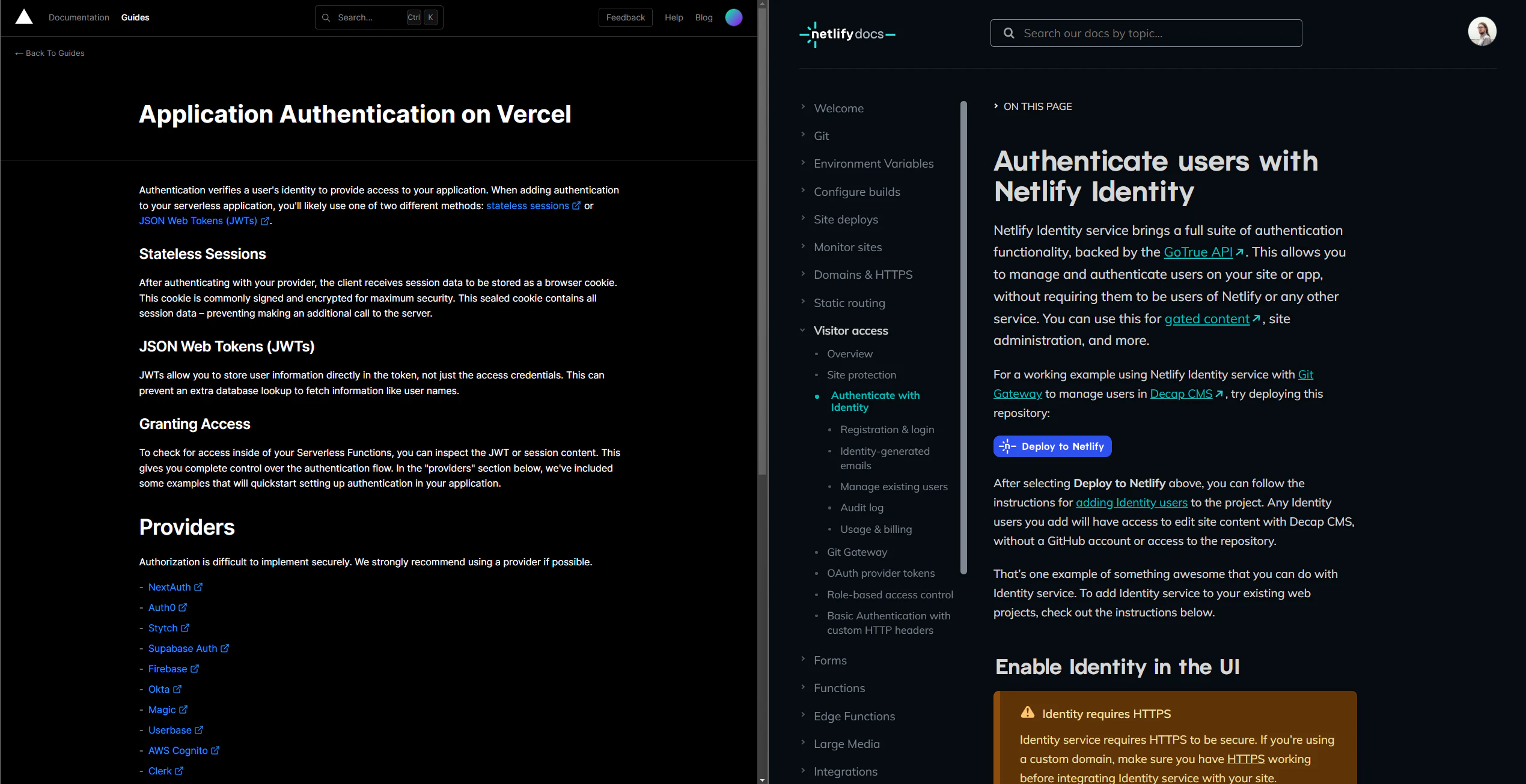 netlify and vercel authentication comparison