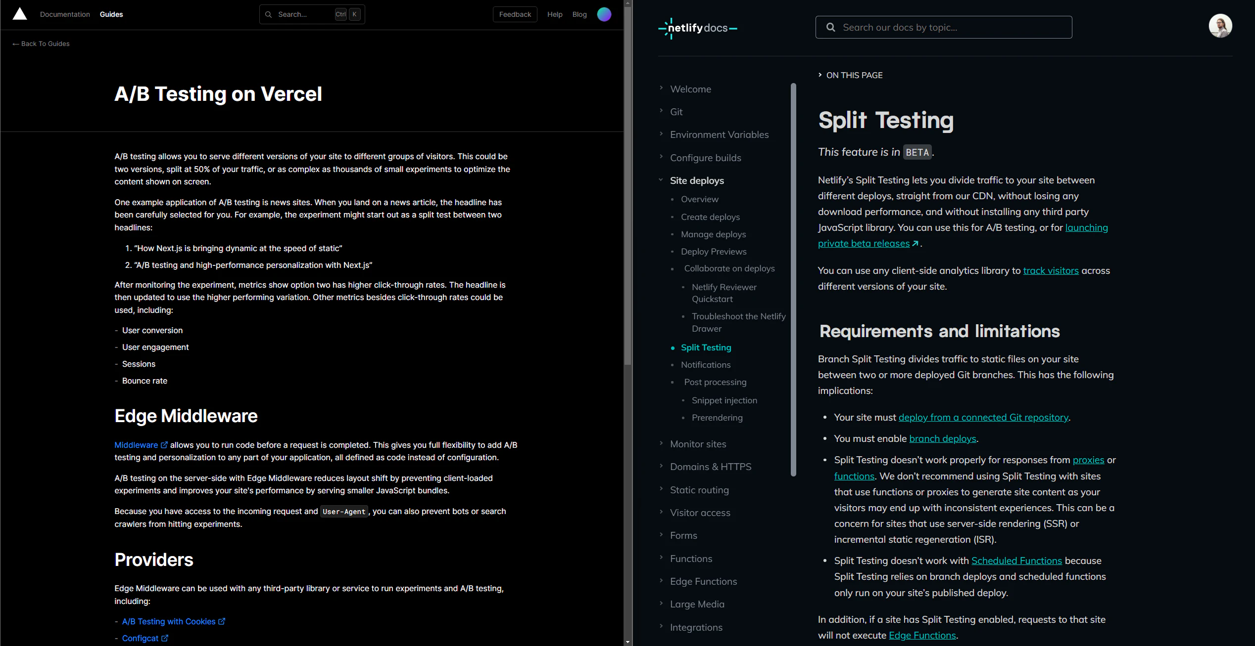 split testing comparison between vercel and netlify