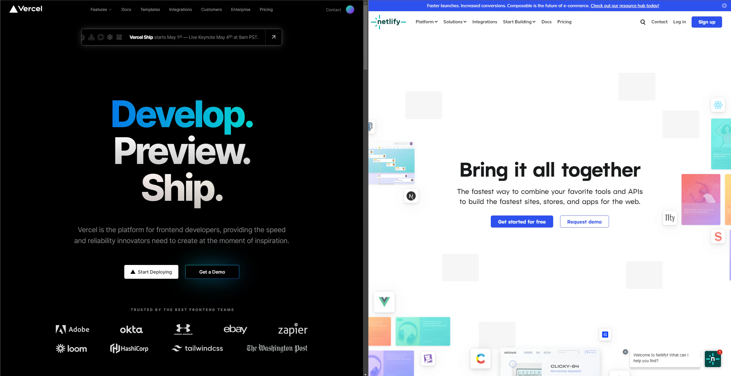 vercel and netlify homepage