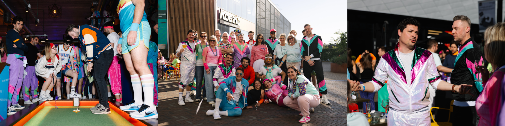 Fotocollage van de We Invest Day met het thema 80's Sports: makelaars en medewerkers in sportieve retro-outfits tijdens de jaarlijkse teambuilding