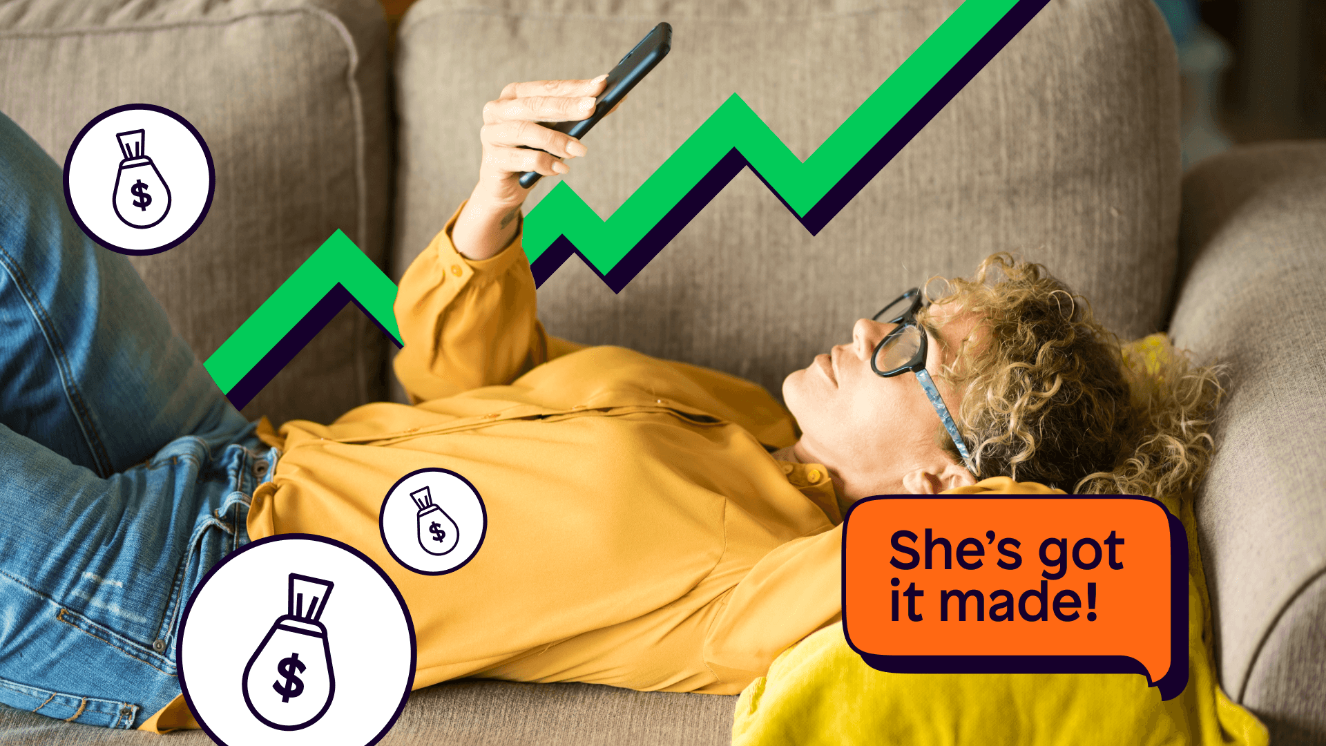Woman lying on a sofa receiving passive income