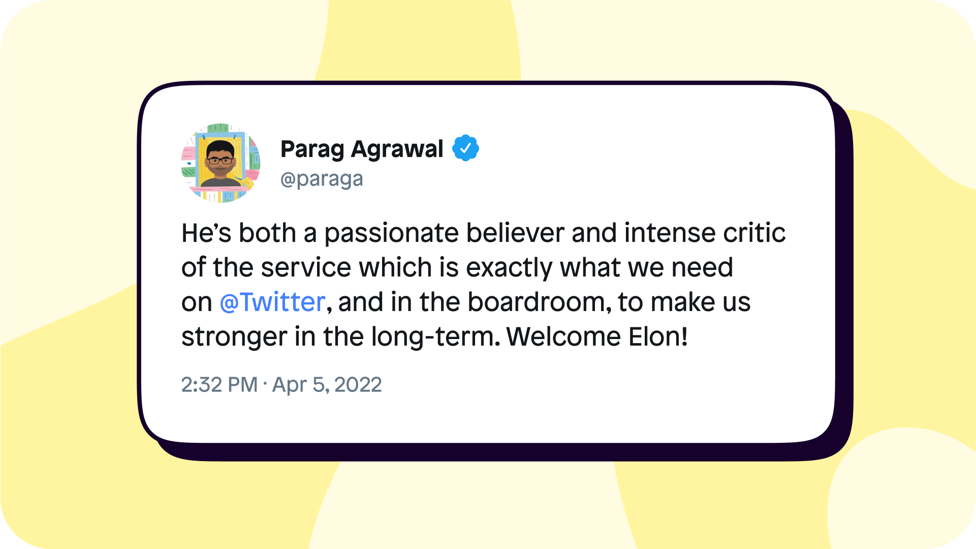 Twitter CEO, Parag Agrawal, tweets to welcome Elon Musk aboard