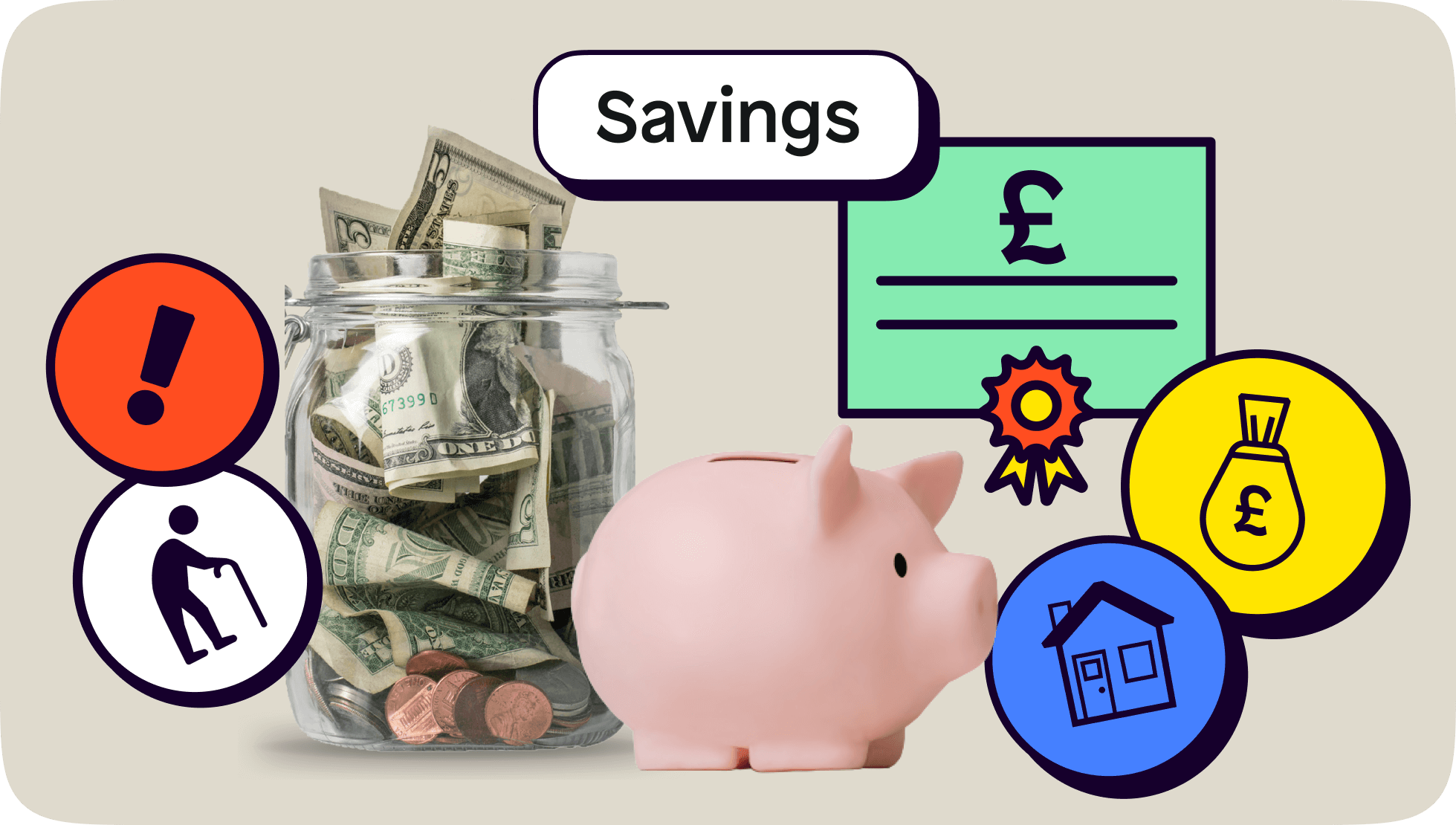 The 50/30/20 rule - savings showcasing a money jar, piggy bank and investments