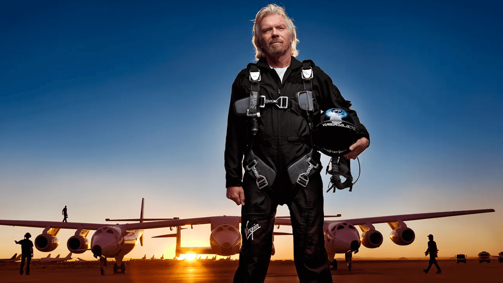 Richard Branson in a space suit with Virgin Galactic