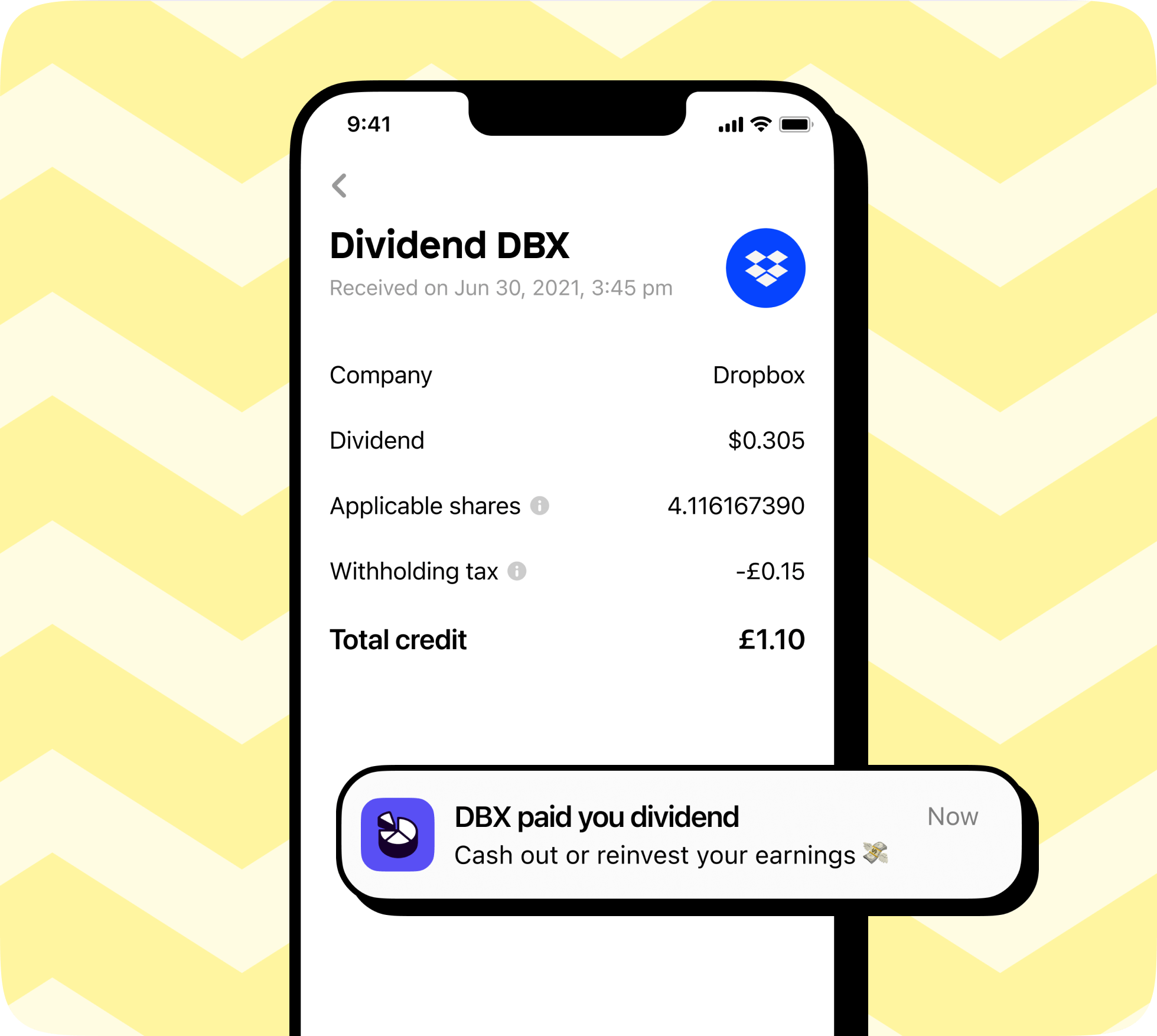 A dividend payment from Dropbox on the Shares app