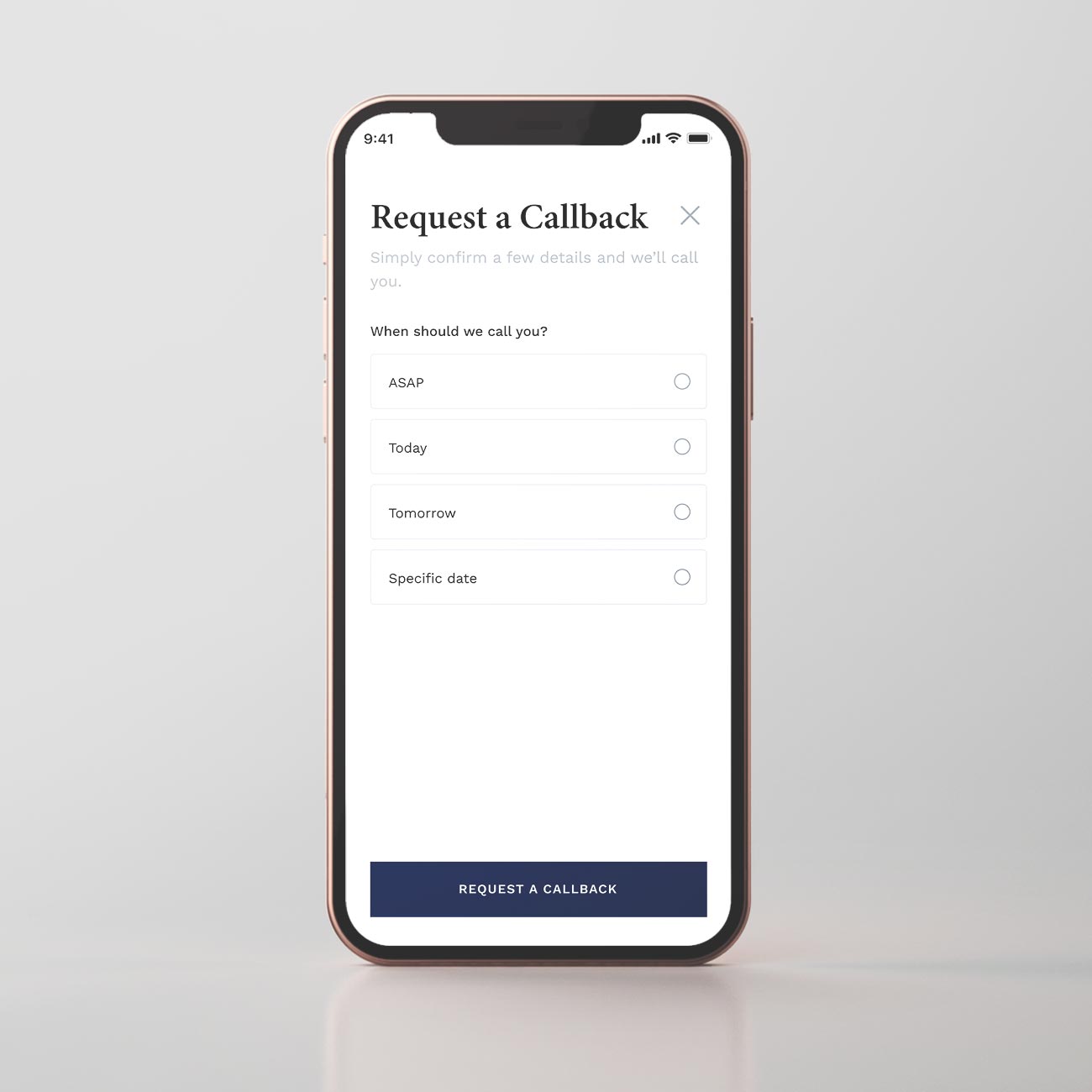 Vanderbilt Insurance App Callback Screen