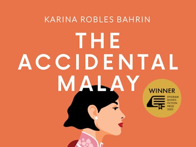 An illustration of a woman in red carrying a small yellow bag as the cover for the book "The Accidental Malay"