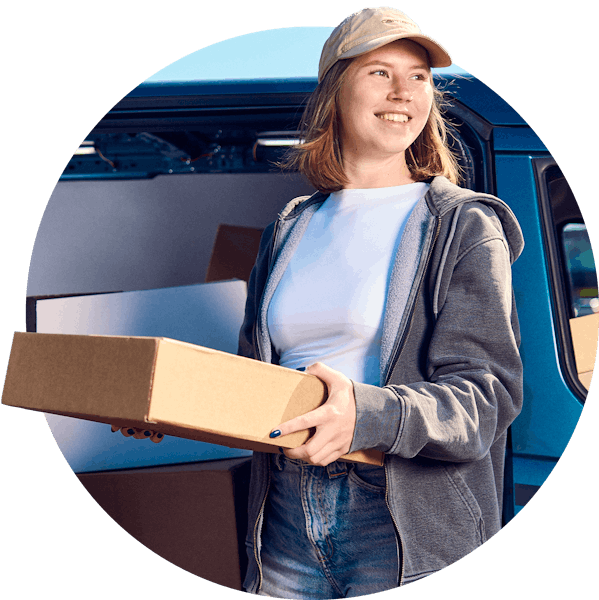 Header van pakketbezorger met doos in hand