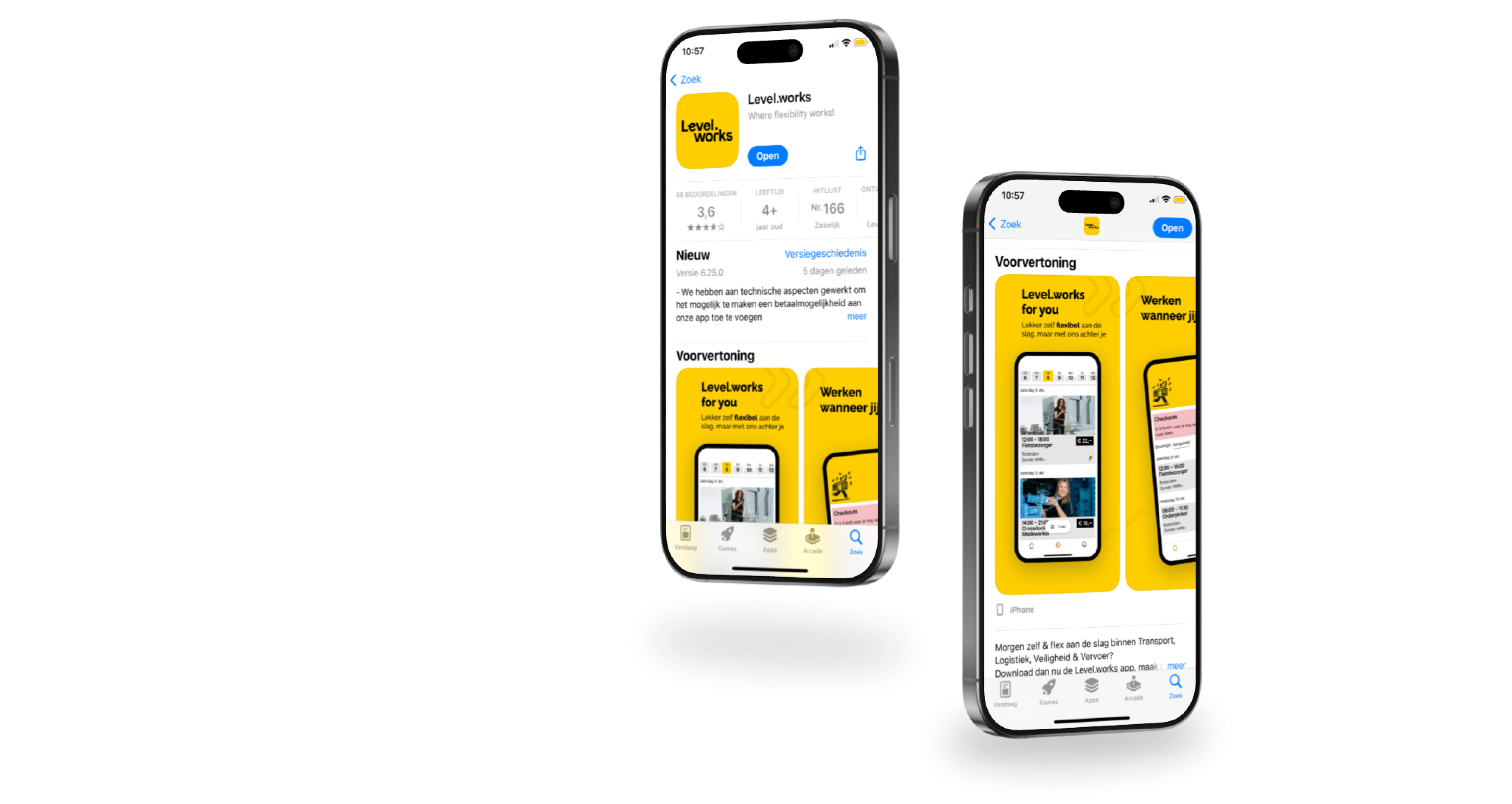 Iphone met app store pagina van level.works