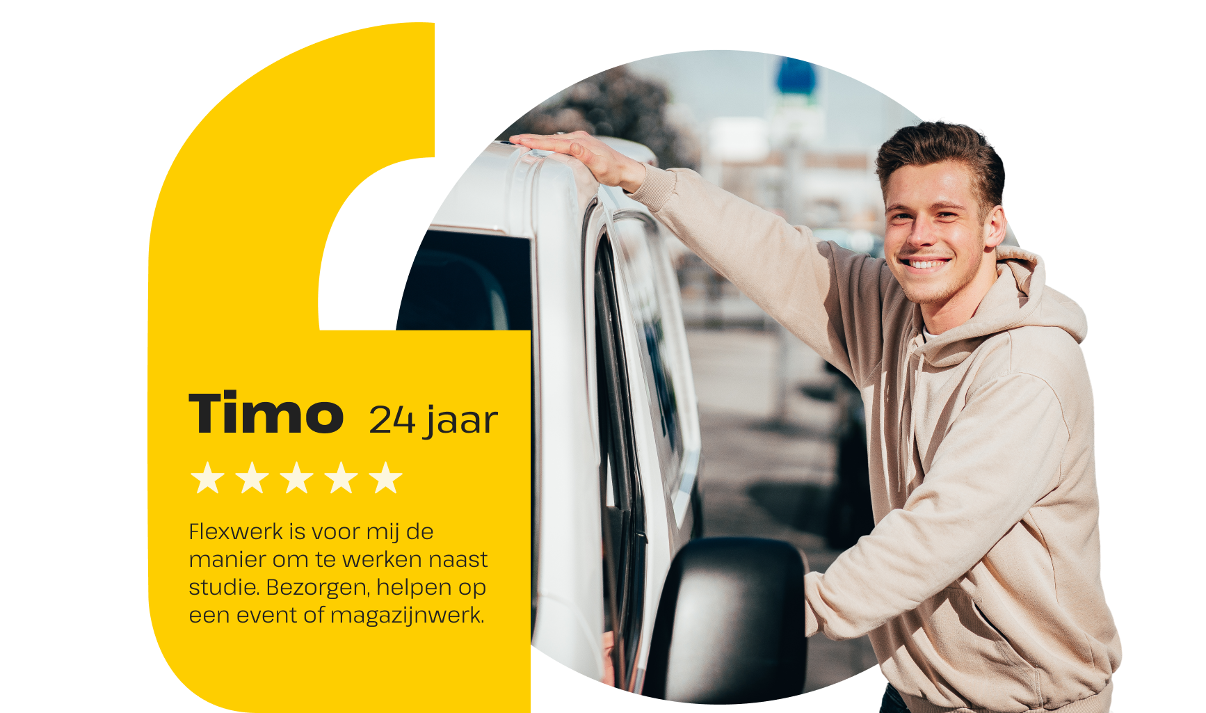 Jongen naast bezorgbus die zijn ervaring deelt