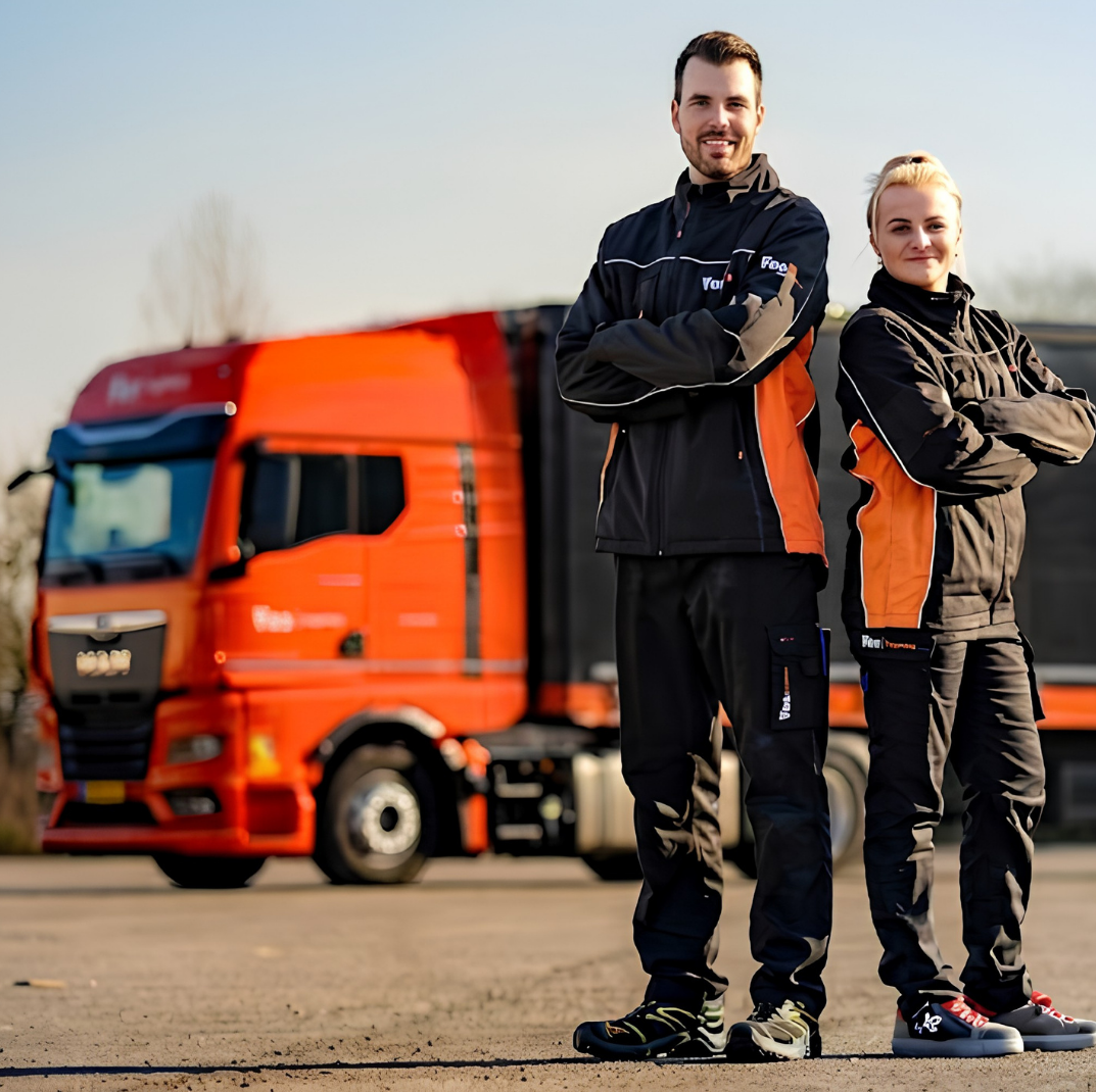 Twee chauffeurs in werkkleding bij een Vos Logistics vrachtwagen