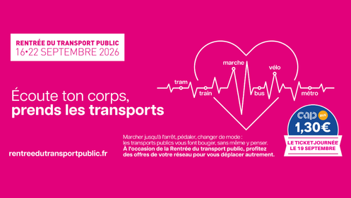 Affiche du réseau Cap'Bus annonçant la Semaine de la Mobilité du samedi 19 septembre, avec le visuel du ticket journée à 1,30 € et le slogan « Écoute ton corps, prends les transports ».