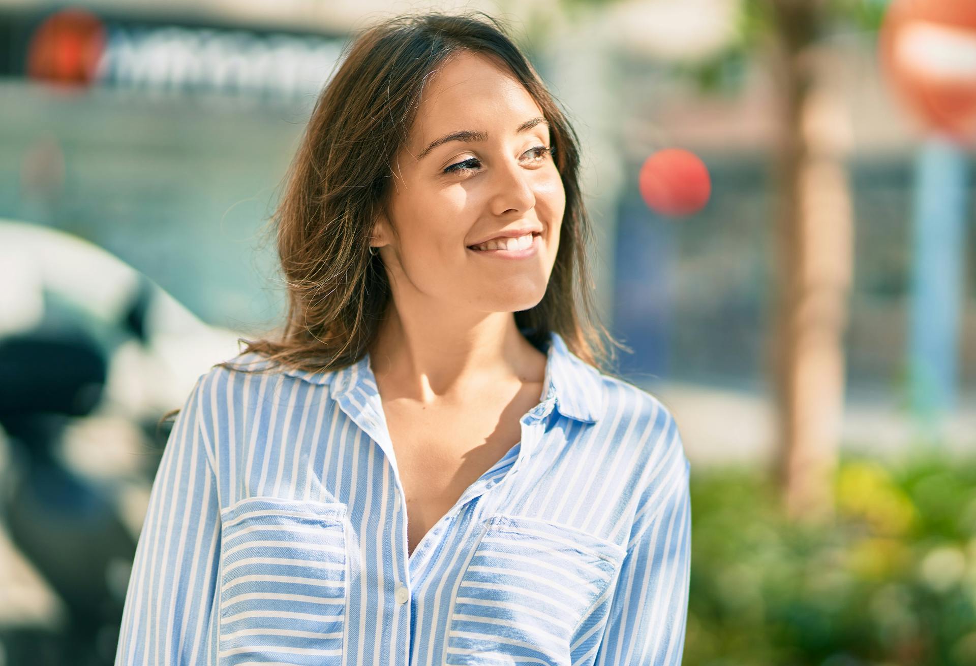 woman in blue striped shirt