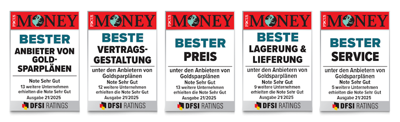 Focus Money Auszeichnung für Bester Anbieter von Goldsparplänen, bester Service, beste Lagerung & Lieferung, beste Vertragsgestaltung und bester Preis mit der Note Sehr Gut. Ausgabe 21/2025, für Golden Gates.